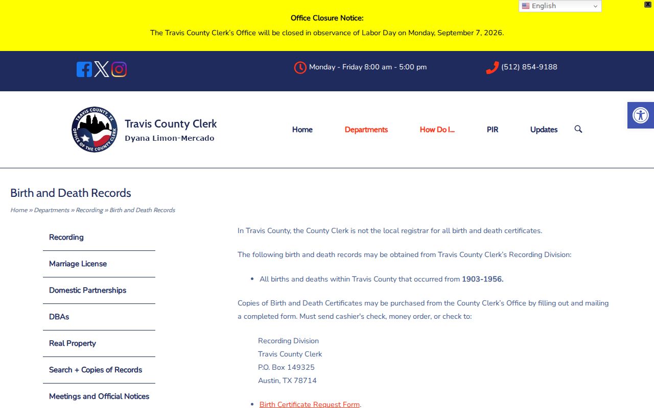 Austin residents directory Travis County Clerk vital records page
