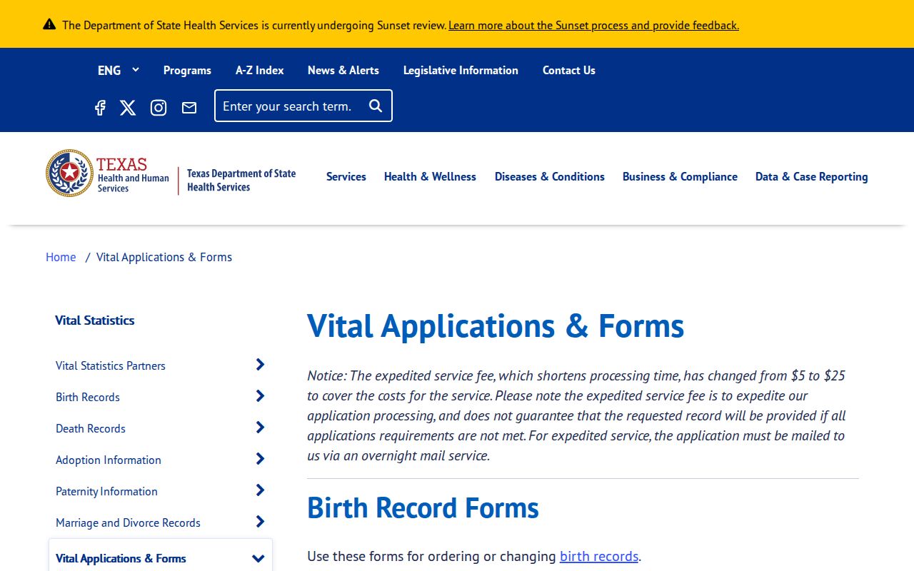 Austin residents directory Texas DSHS vital applications forms page